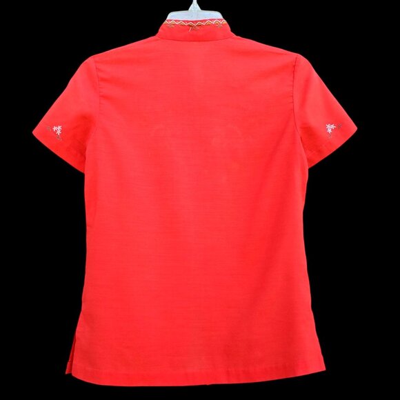 Vintage Boho Embroidered Shirt S Chinese Red Blouse Short Sleeve 60s 70s - Picture 4 of 13